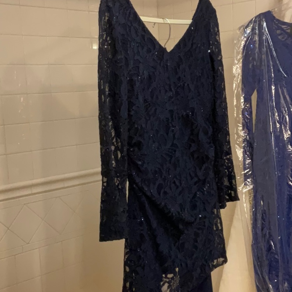 Weddings and holiday perfect outfit. Elegant sequined navy lace pantsuit.
